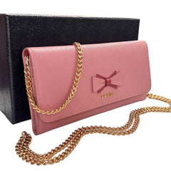PRADA Petalo Peonia Saffiano Leather Wallet/Card Holder with Chain Prada