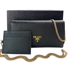 PRADA Black Saffiano Leather Wallet/Card Holder with Chain Prada