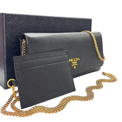 PRADA Black Saffiano Leather Wallet/Card Holder with Chain Prada