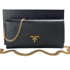 PRADA Black Saffiano Leather Wallet/Card Holder with Chain Prada