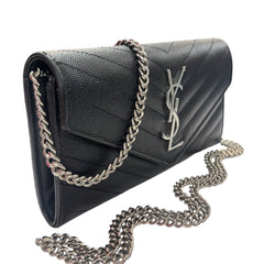 SAINT LAURENT Black Grained Leather SHW Cassandra Clutch with Chain Saint Laurent