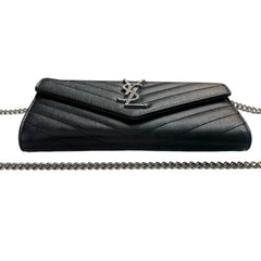SAINT LAURENT Black Grained Leather SHW Cassandra Clutch with Chain Saint Laurent