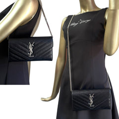 SAINT LAURENT Black Grained Leather SHW Cassandra Clutch with Chain Saint Laurent