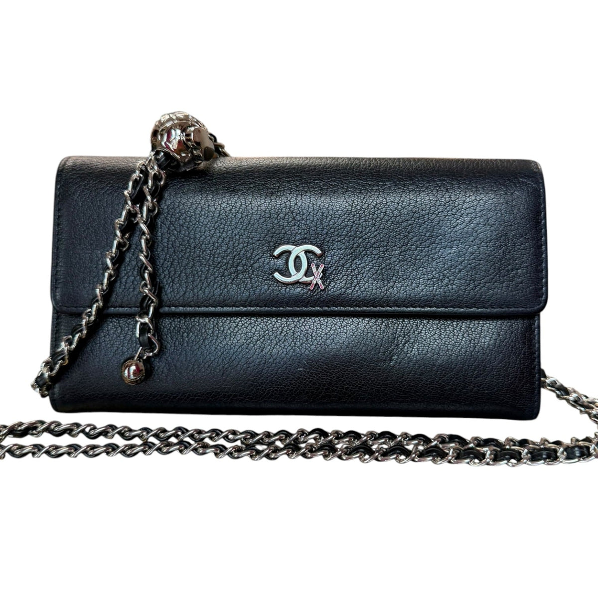CHANEL Black Grained Calfskin Ski Motif Long Flap Wallet Chanel