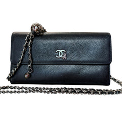 CHANEL Black Grained Calfskin Ski Motif Long Flap Wallet Chanel