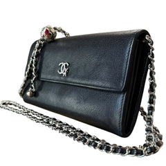 CHANEL Black Grained Calfskin Ski Motif Long Flap Wallet Chanel