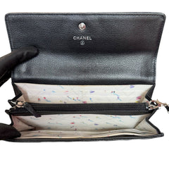 CHANEL Black Grained Calfskin Ski Motif Long Flap Wallet Chanel