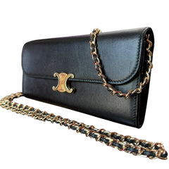 CELINE Black Leather Triomphe Long Wallet with added Chain Celine