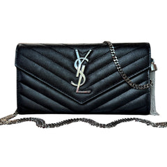 SAINT LAURENT Black Grained Leather SHW Cassandra Clutch with Chain Saint Laurent