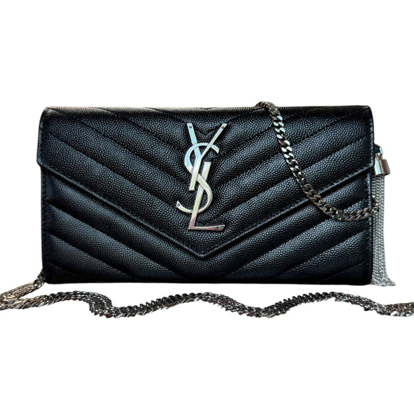 SAINT LAURENT Black Grained Leather SHW Cassandra Clutch with Chain Saint Laurent