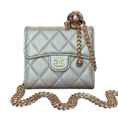 CHANEL Metallic Lambskin Compact Wallet with Chain & Clasp Chanel