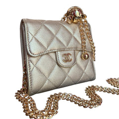 CHANEL Metallic Lambskin Compact Wallet with Chain & Clasp Chanel