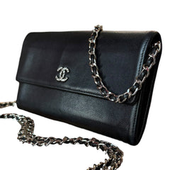CHANEL RARE Textured CC Black Grained Calfskin Long Flap Wallet Chanel