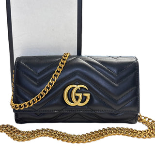GUCCI Black Leather GG Marmont Wallet with Chain Gucci