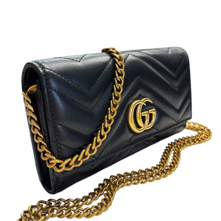 GUCCI Black Leather GG Marmont Wallet with Chain Gucci
