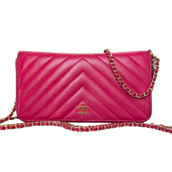 CHANEL Pink Leather V Stitch Quilted GHW Zip Wallet Chanel