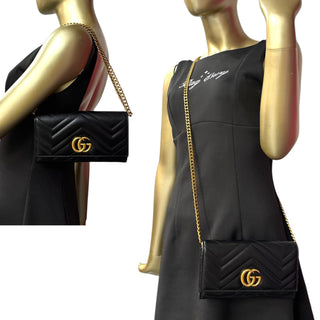GUCCI Black Leather GG Marmont Wallet with Chain Gucci