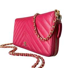 CHANEL Pink Leather V Stitch Quilted GHW Zip Wallet Chanel