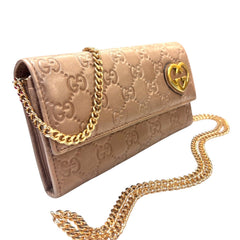 GUCCI Metallic Rose Gold Guccissima Leather Wallet with added Gold Chain Gucci