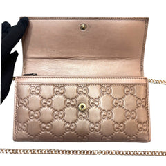 GUCCI Metallic Rose Gold Guccissima Leather Wallet with added Gold Chain Gucci