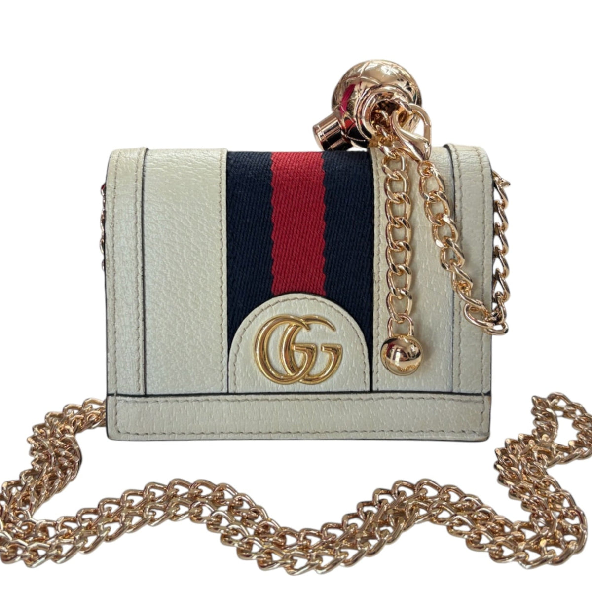GUCCI Ivory Ophidia Grained Calfskin Compact Wallet with Adjustable Chain Gucci