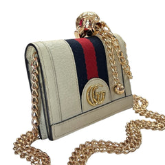 GUCCI Ivory Ophidia Grained Calfskin Compact Wallet with Adjustable Chain Gucci