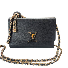 LOUIS VUITTON Black Taurillon Capucines Leather Compact Wallet added Chain Louis Vuitton