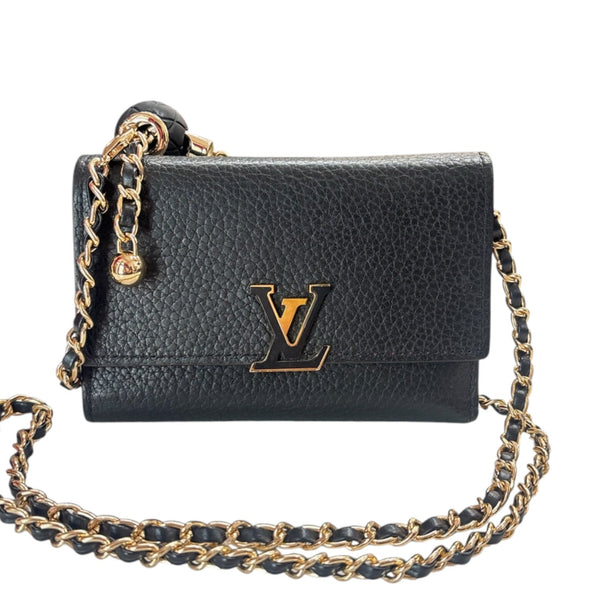 LOUIS VUITTON Black Taurillon Capucines Leather Compact Wallet added Chain Louis Vuitton
