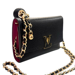 LOUIS VUITTON Black Taurillon Capucines Leather Compact Wallet added Chain Louis Vuitton