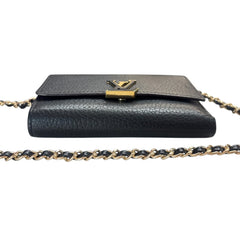 LOUIS VUITTON Black Taurillon Capucines Leather Compact Wallet added Chain Louis Vuitton