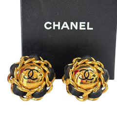Vintage CHANEL 24k Gold Plated CC Logo Leather Chain Clip Earrings Chanel