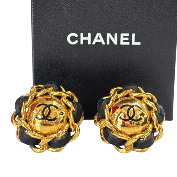 Vintage CHANEL 24k Gold Plated CC Logo Leather Chain Clip Earrings Chanel