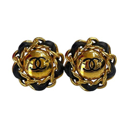 Vintage CHANEL 24k Gold Plated CC Logo Leather Chain Clip Earrings Chanel