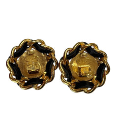 Vintage CHANEL 24k Gold Plated CC Logo Leather Chain Clip Earrings Chanel