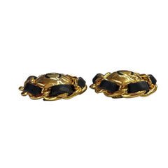 Vintage CHANEL 24k Gold Plated CC Logo Leather Chain Clip Earrings Chanel