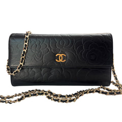 CHANEL Black Lambskin GHW Camellia Long Flap Wallet Chanel