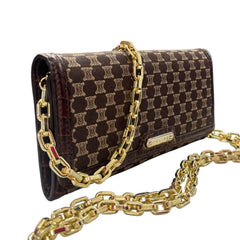CELINE Brown Canvas and Croc Embossed Leather Triomphe Long Wallet with added Chain Celine