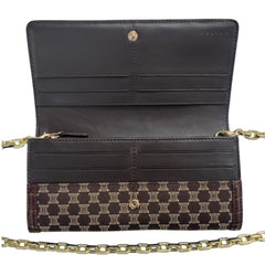 CELINE Brown Canvas and Croc Embossed Leather Triomphe Long Wallet with added Chain Celine