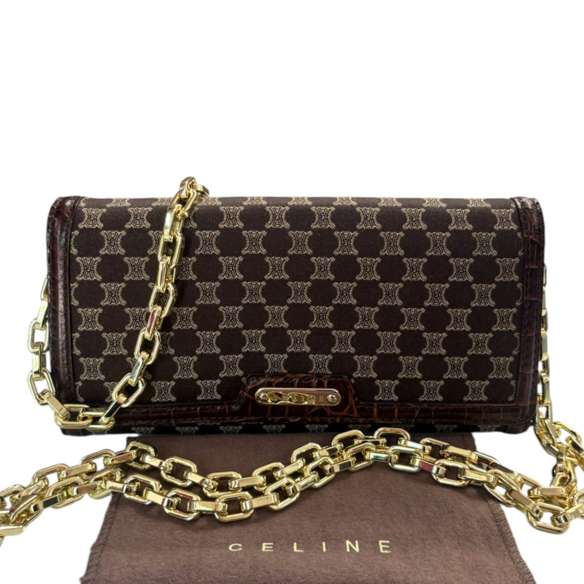 CELINE Brown Canvas and Croc Embossed Leather Triomphe Long Wallet with added Chain Celine