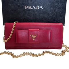 PRADA Magenta Saffiano Leather Bow Wallet with added Chain Prada