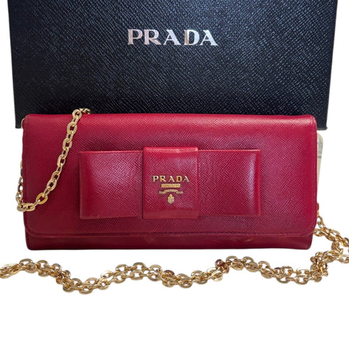 PRADA Magenta Saffiano Leather Bow Wallet with added Chain Prada