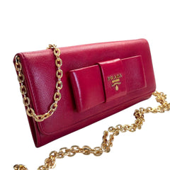 PRADA Magenta Saffiano Leather Bow Wallet with added Chain Prada