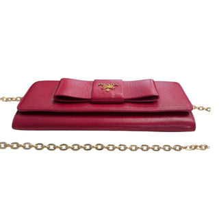 PRADA Red Saffiano Leather Bow Wallet with added Chain Prada