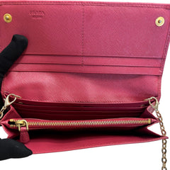 PRADA Magenta Saffiano Leather Bow Wallet with added Chain Prada