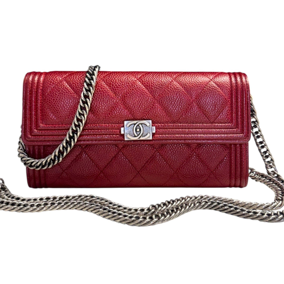 CHANEL Red Caviar Leather Boy Long Flap Wallet Chanel