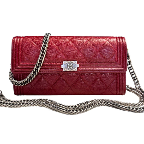 CHANEL Red Caviar Leather Boy Long Flap Wallet Chanel
