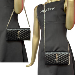SAINT LAURENT Black Grained Leather SHW Cassandra Clutch with Chain Saint Laurent