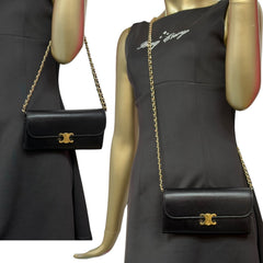 CELINE Black Leather Triomphe Long Wallet with added Chain Celine