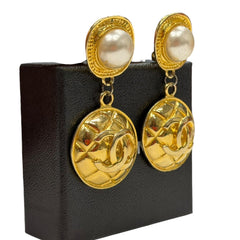 Vintage CHANEL 24k Gold Plated CC Logo Drop Clip Earrings Chanel