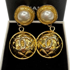 Vintage CHANEL 24k Gold Plated CC Logo Drop Clip Earrings Chanel